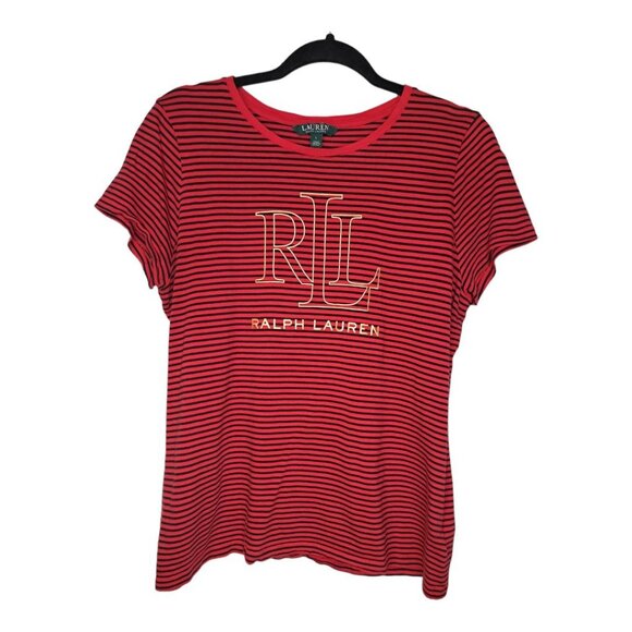 Lauren Ralph Lauren Red Black Stripe Logo Short Sleeve T-Shirt Top Size: Large - Picture 4 of 6
